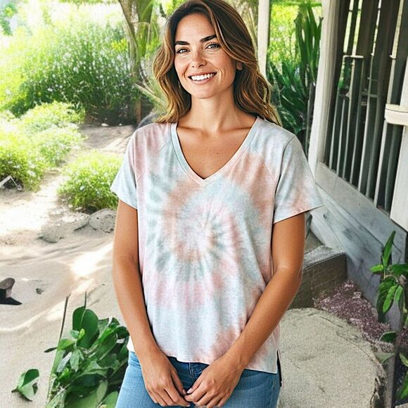 Tie Dye Terry Cloth Top L Relaxed Short Sleeve Beachy Coastal Pastels Hippie - Picture 14 of 16